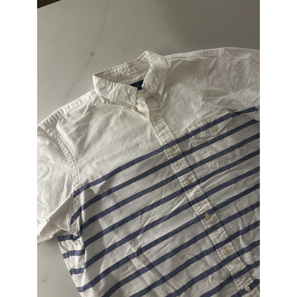 Ralph Lauren Shirt Mens XL White Blue Stripe Short Sleeve Button Down Casual